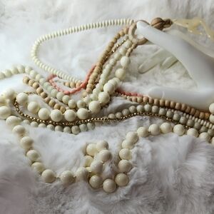 Vintage 6 Strand Elegant Cream and Gold Beaded Necklace Set